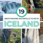Collage of four Icelandic waterfalls with a person exploring the scenery.