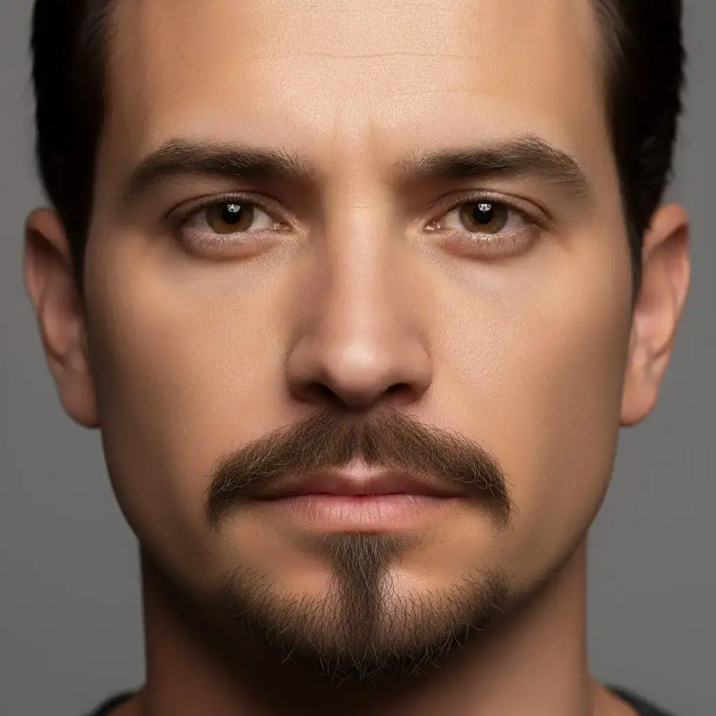 Крупный план портрета мужчины с бородой «якорь», демонстрирующий естественную текстуру, густоту и форму. Реалистичное освещение и студийный фон подчеркивают контуры и детали ухода за бородой.