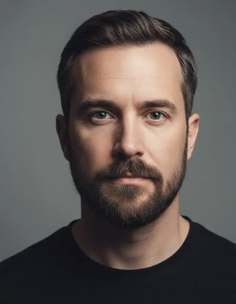 Крупный план портрета мужчины с бородой «Бальбо», демонстрирующий естественную текстуру, густоту и форму. Реалистичное освещение и студийный фон подчеркивают контуры и детали ухода за бородой.