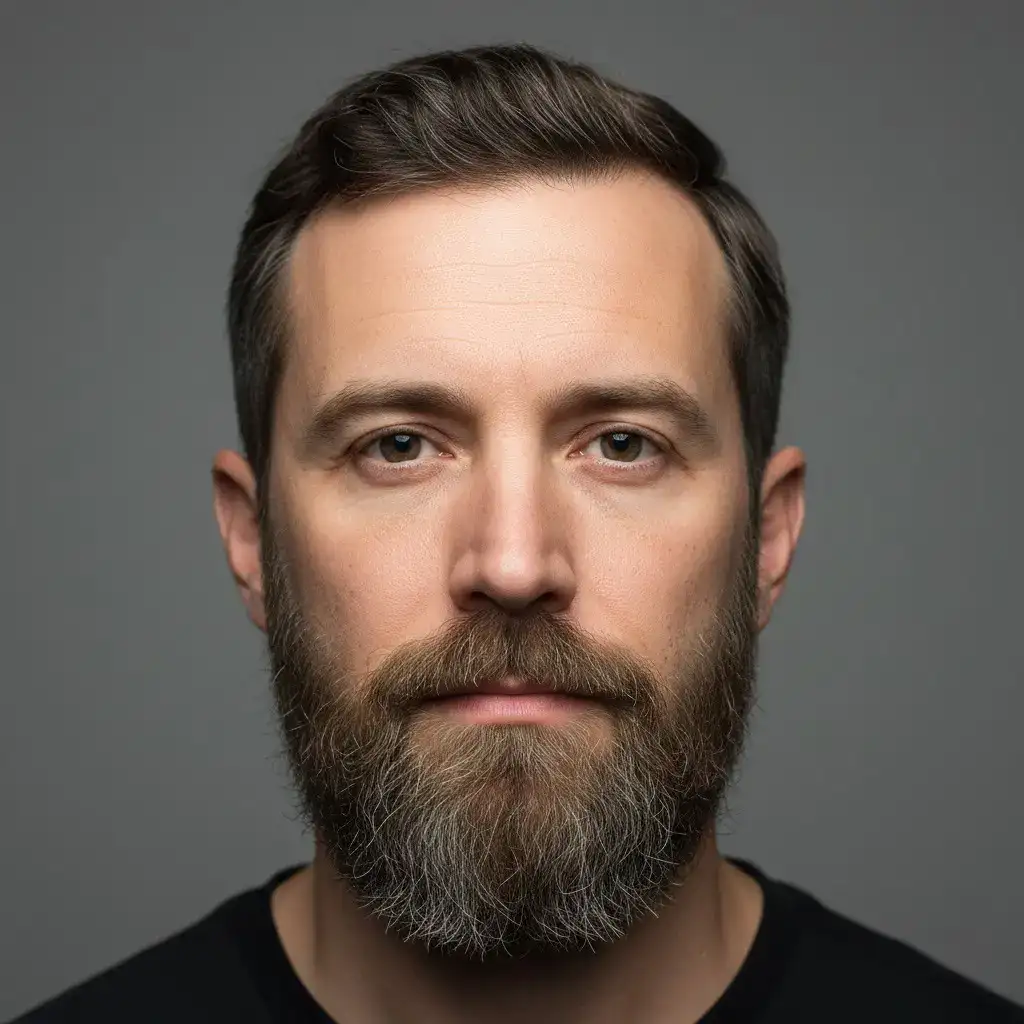 Крупный план портрета мужчины с боксерской бородой, демонстрирующий естественную текстуру, густоту и форму. Реалистичное освещение и студийный фон подчеркивают контуры и детали ухода за бородой.