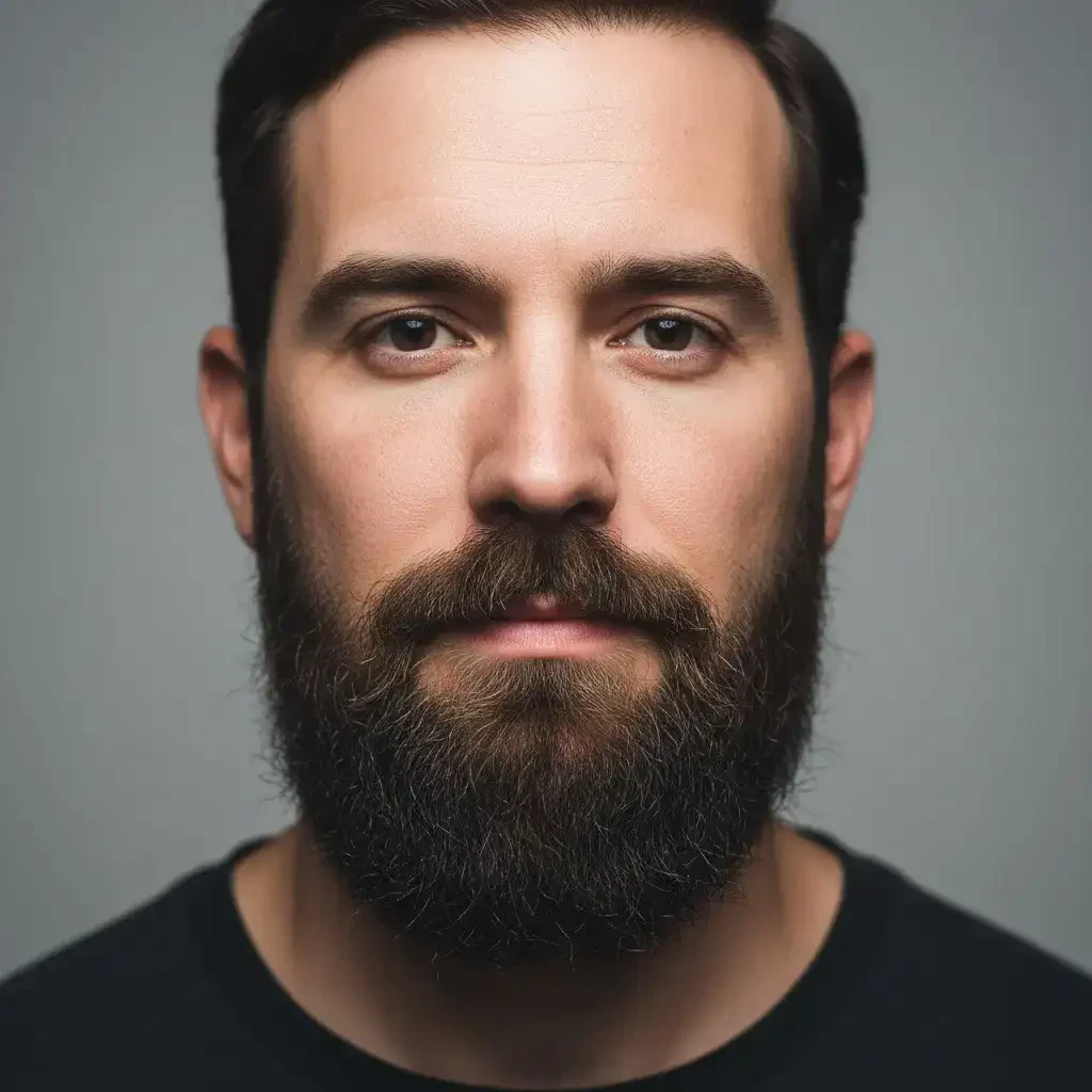 Крупный план портрета мужчины с корпоративной бородой, демонстрирующий естественную текстуру, густоту и форму. Реалистичное освещение и студийный фон подчеркивают контуры и детали ухода за бородой.