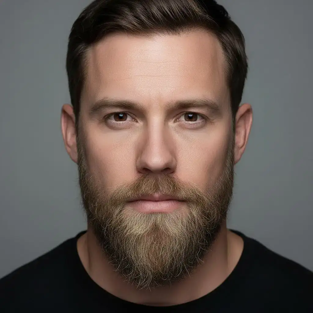 Крупный план портрета мужчины с бородой «Утиный хвост», демонстрирующий естественную текстуру, густоту и форму. Реалистичное освещение и студийный фон подчеркивают контуры и детали ухода за бородой.