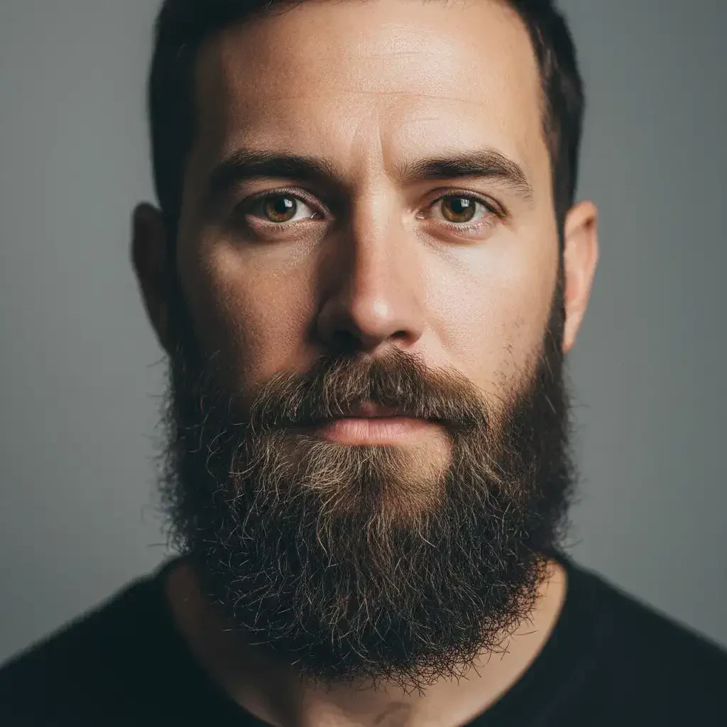 Крупный план портрета мужчины с полной бородой, демонстрирующий естественную текстуру, густоту и форму. Реалистичное освещение и студийный фон подчеркивают контуры и детали ухода за бородой.