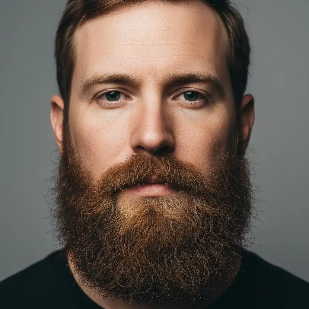 Крупный план портрета мужчины с бородой Гарибальди, демонстрирующий естественную текстуру, густоту и форму. Реалистичное освещение и студийный фон подчеркивают контуры и детали ухода за бородой.