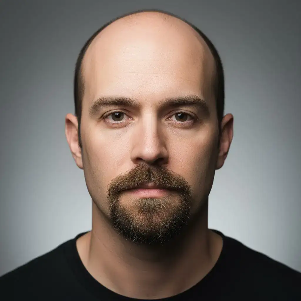 Крупный план портрета мужчины с козлиной бородкой, демонстрирующий естественную текстуру, густоту и форму. Реалистичное освещение и студийный фон подчеркивают контуры и детали ухода за бородой.