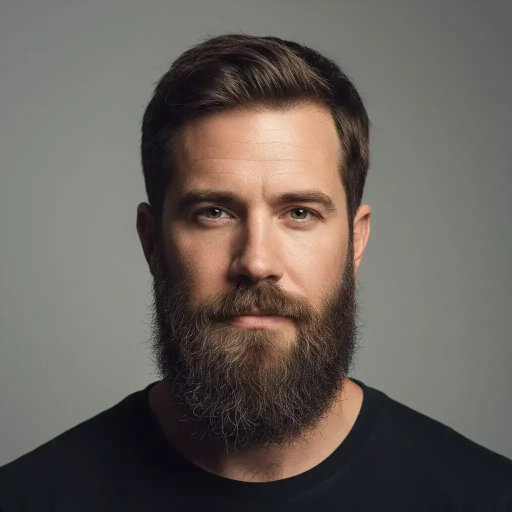Крупный план портрета мужчины с бородой Hollywoodian, демонстрирующий естественную текстуру, густоту и форму. Реалистичное освещение и студийный фон подчеркивают контуры и детали ухода за бородой.