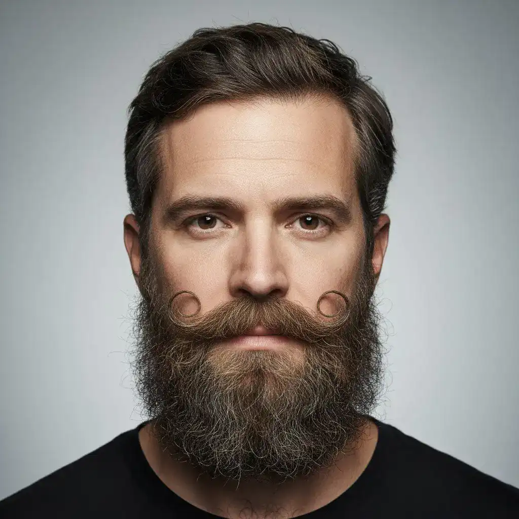 Крупный план портрета мужчины с бородой Верди, демонстрирующий естественную текстуру, густоту и форму. Реалистичное освещение и студийный фон подчеркивают контуры и детали ухода за бородой.
