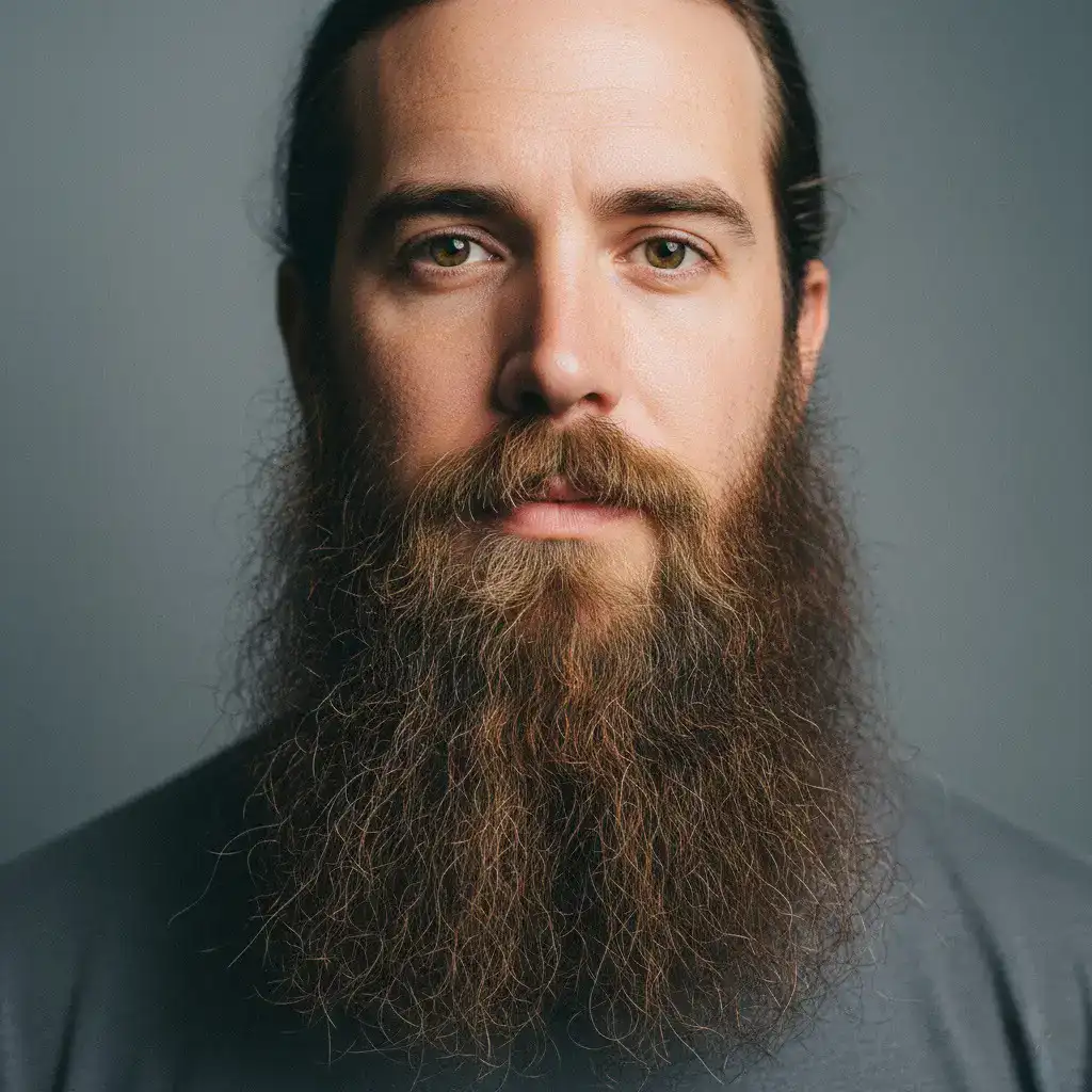 Крупный план портрета мужчины с бородой Yeard, демонстрирующий естественную текстуру, густоту и форму. Реалистичное освещение и студийный фон подчеркивают контуры и детали ухода за бородой.