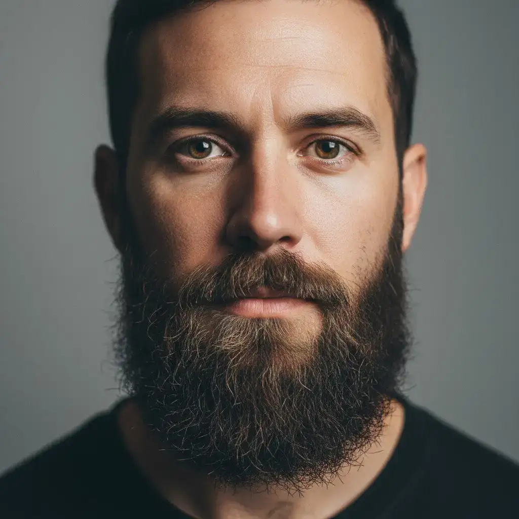 Close-up portrait of a man with a Full Beard Transplant beard, showing natural texture, density, and shape. Realistic lighting and studio background highlighting the contours and grooming details of the beard style.