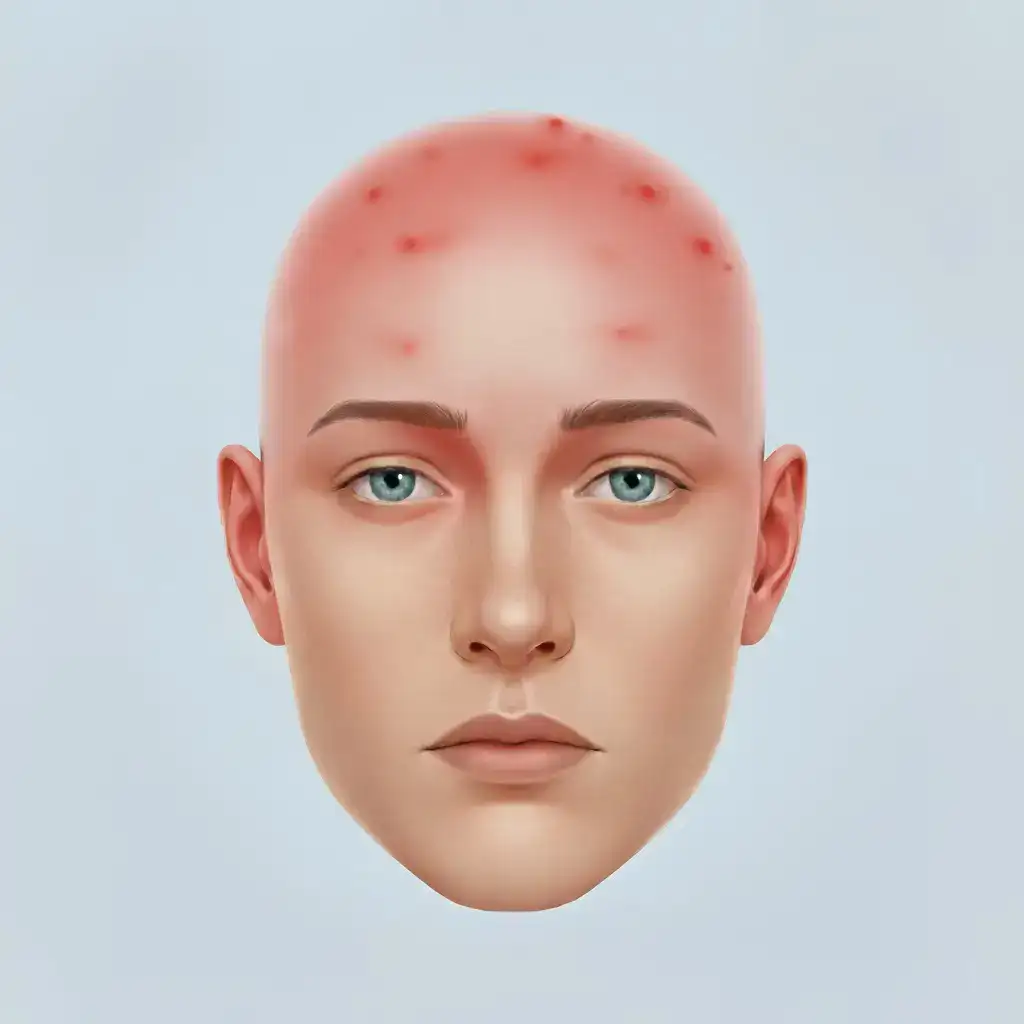 Clinical illustration showing Infections after a hair transplant, highlighting realistic scalp texture, localized reaction, and medical accuracy. Professional lighting and clean background designed for educational use.