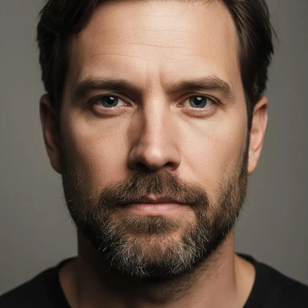 Close-up portrait of a man with a Stubble Beard Transplant beard, showing natural texture, density, and shape. Realistic lighting and studio background highlighting the contours and grooming details of the beard style.