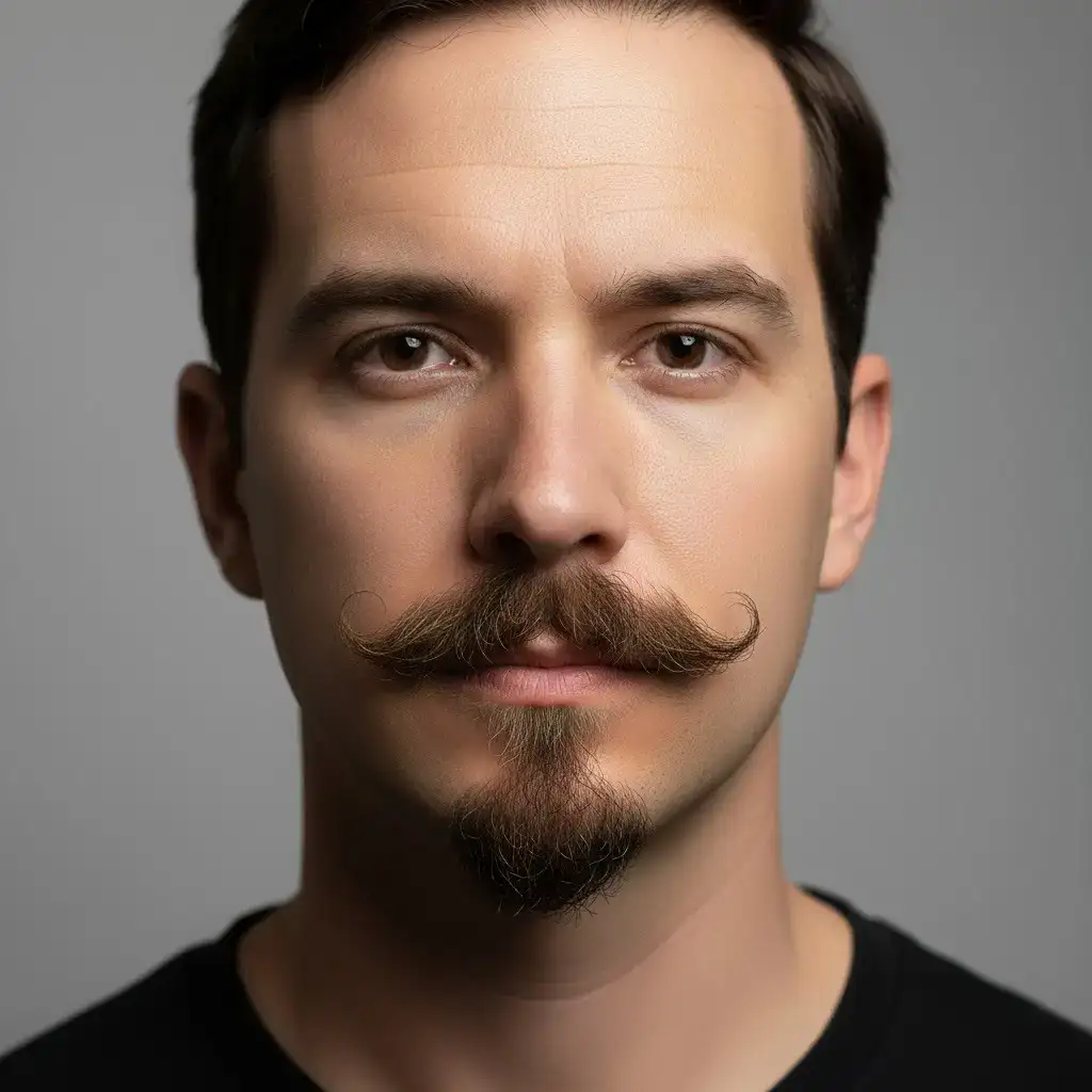 Close-up portrait of a man with a Van Dyke Beard Transplant beard, showing natural texture, density, and shape. Realistic lighting and studio background highlighting the contours and grooming details of the beard style.
