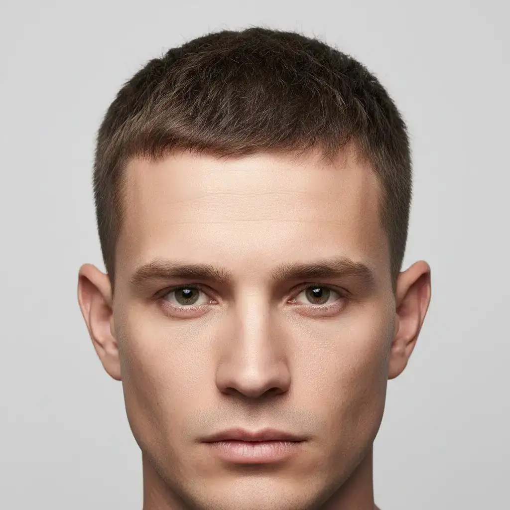 High-resolution studio portrait showing a male Crew Cut with clean lines, balanced density, and natural growth pattern.
