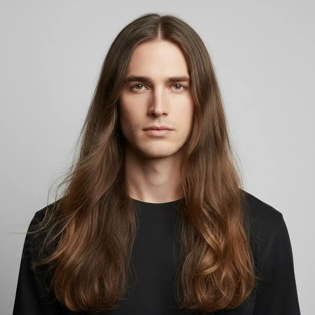 High-resolution studio portrait showing a male Flowing Long Hair with clean lines, balanced density, and natural growth pattern.