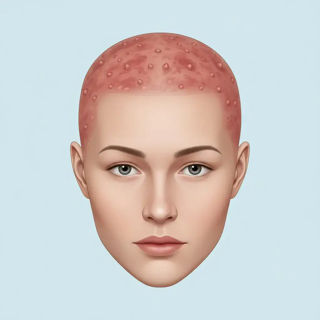 Clinical illustration showing Folliculitis after a hair transplant, highlighting realistic scalp texture, localized reaction, and medical accuracy. Professional lighting and clean background designed for educational use.