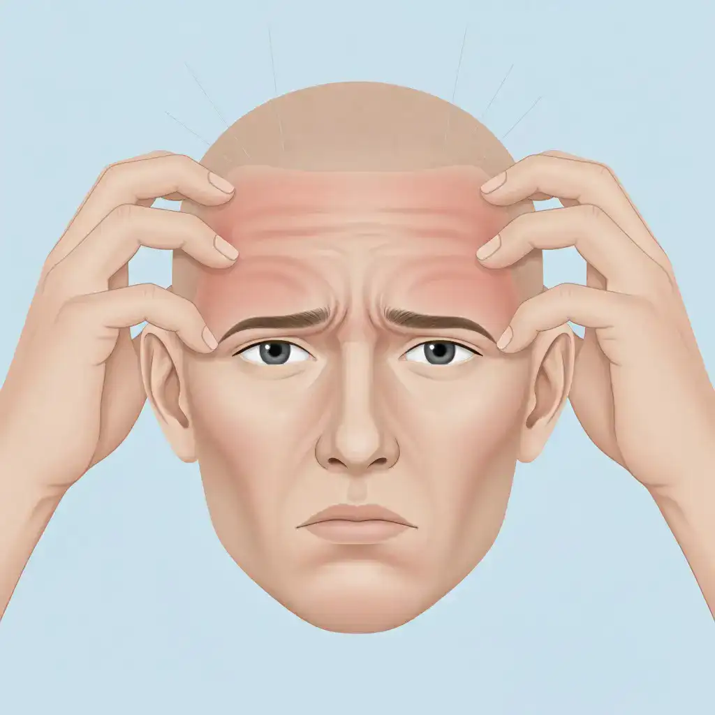 Clinical illustration showing Itching after a hair transplant, highlighting realistic scalp texture, localized reaction, and medical accuracy. Professional lighting and clean background designed for educational use.