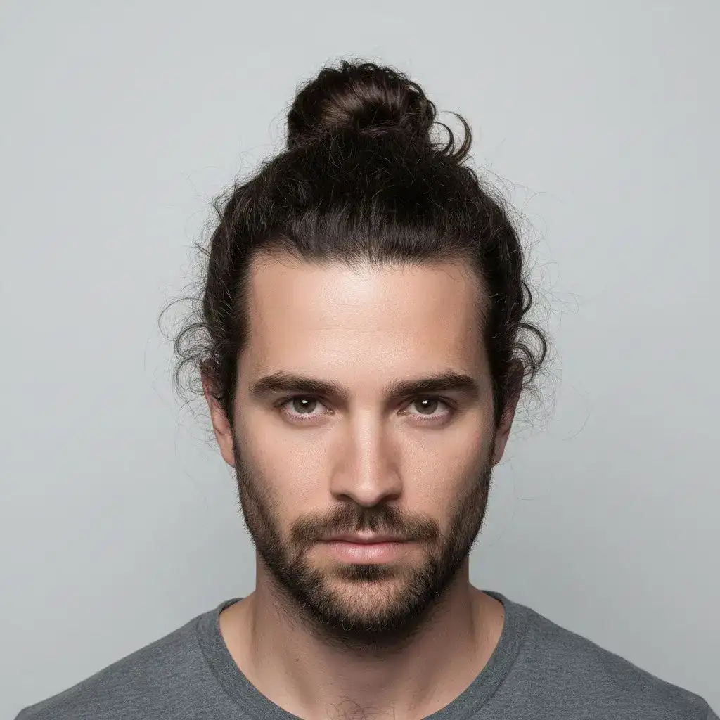 High-resolution studio portrait showing a male Man Bun with clean lines, balanced density, and natural growth pattern.