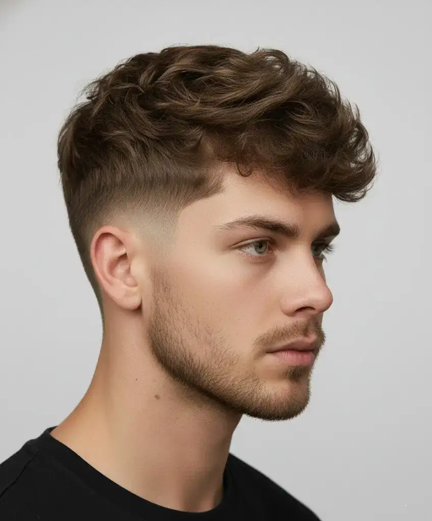 High-resolution studio portrait showing a male Medium Fade with Textured Top with clean lines, balanced density, and natural growth pattern.