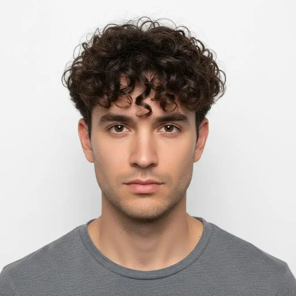 High-resolution studio portrait showing a male Mid/Low Fade Curlywith clean lines, balanced density, and natural growth pattern.