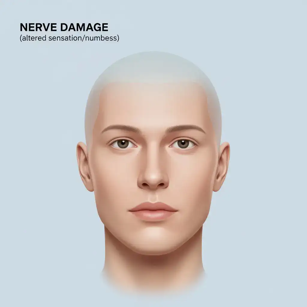 Clinical illustration showing Nerve Damage after a hair transplant, highlighting realistic scalp texture, localized reaction, and medical accuracy. Professional lighting and clean background designed for educational use.