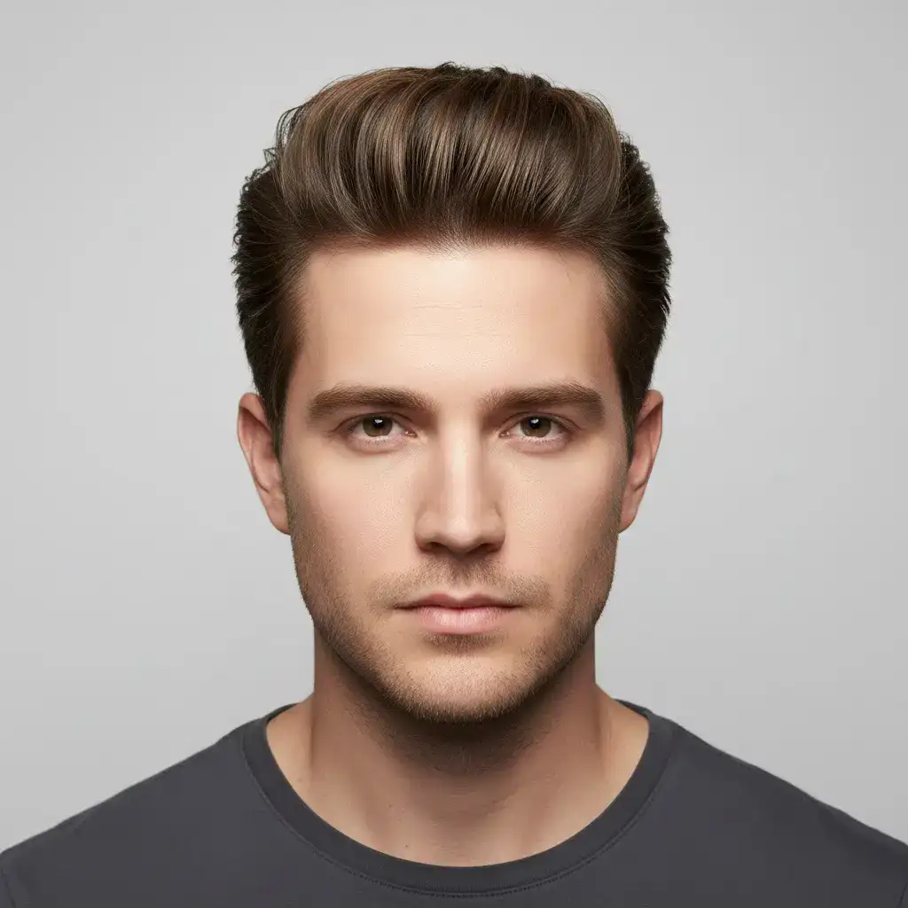 High-resolution studio portrait showing a male Pompadour with clean lines, balanced density, and natural growth pattern.