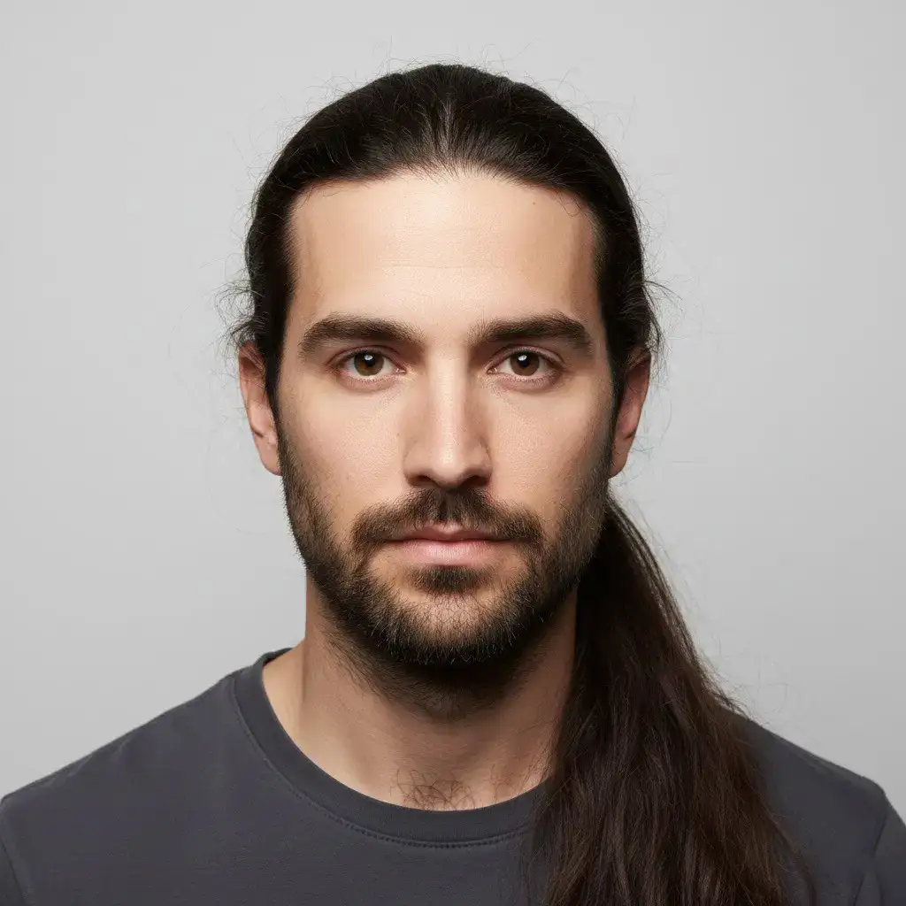 High-resolution studio portrait showing a male Ponytail with clean lines, balanced density, and natural growth pattern.
