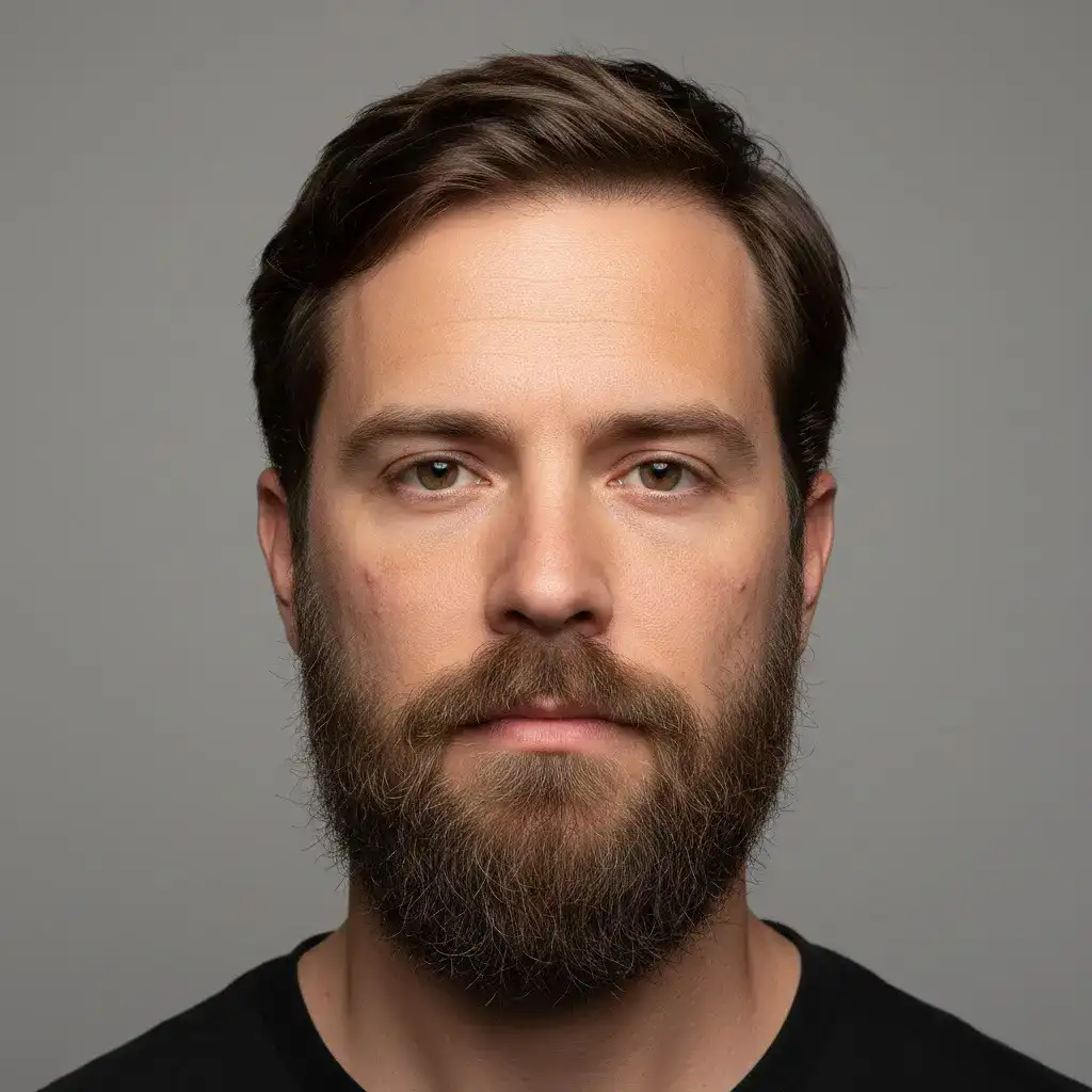 Close-up portrait of a man with a Scar Camouflage Beard, showing natural texture, density, and shape. Realistic lighting and studio background highlighting the contours and grooming details of the beard style.