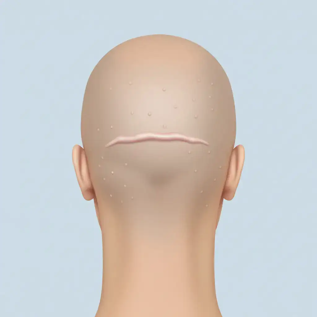 Clinical illustration showing Scarring after a hair transplant, highlighting realistic scalp texture, localized reaction, and medical accuracy. Professional lighting and clean background designed for educational use.