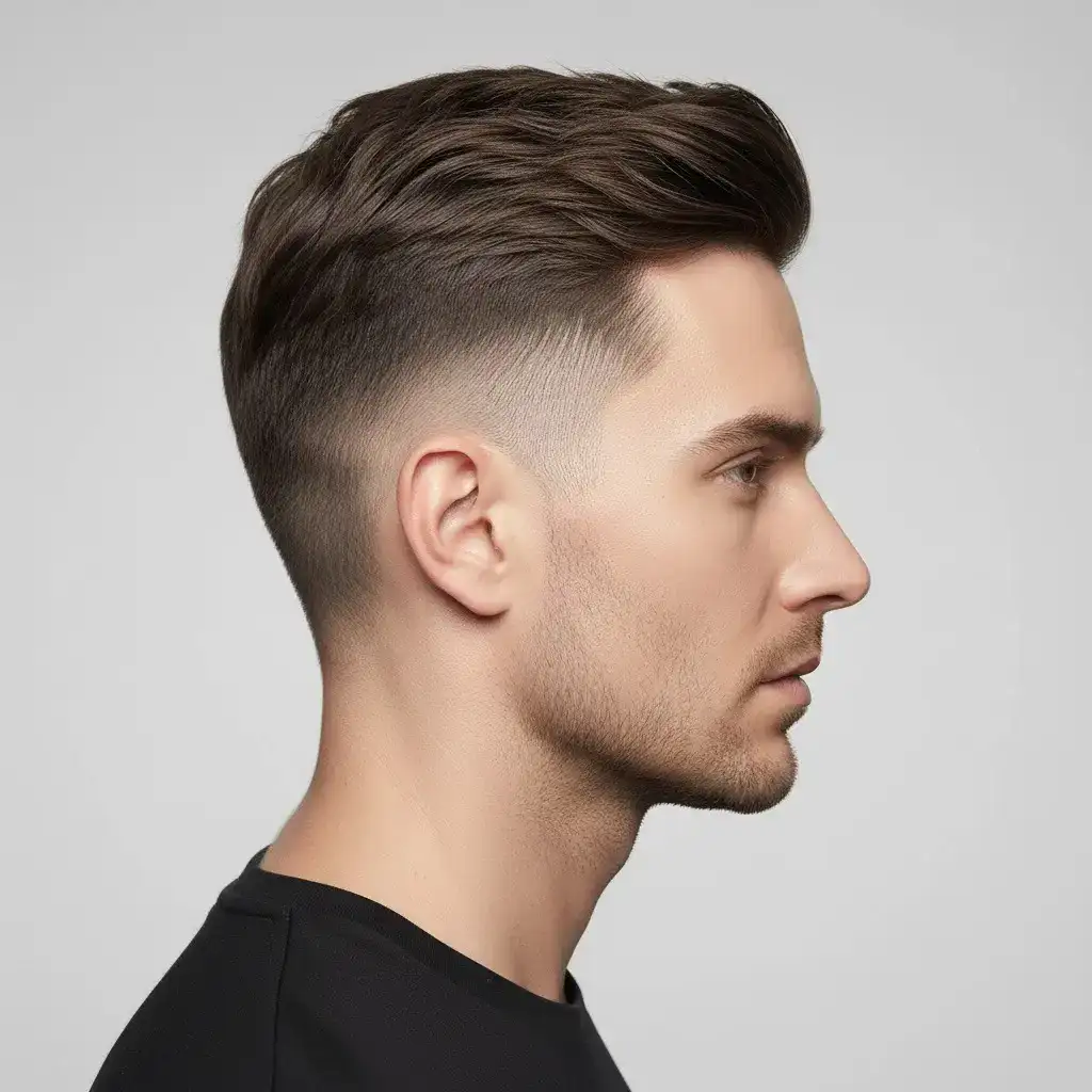 High-resolution studio portrait showing a male Undercut Fade with clean lines, balanced density, and natural growth pattern.