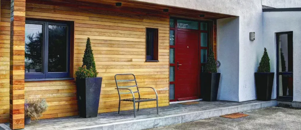 red coloured timber door