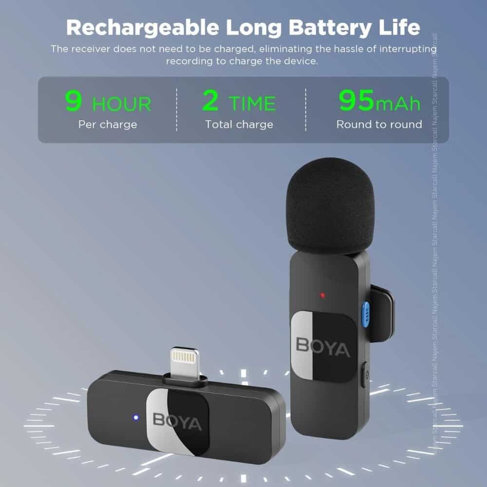 Rechargeable long battery life wireless microphone with 9-hour per charge, 2 total charges, and 95mAh capacity for professional audio recording and live performances.