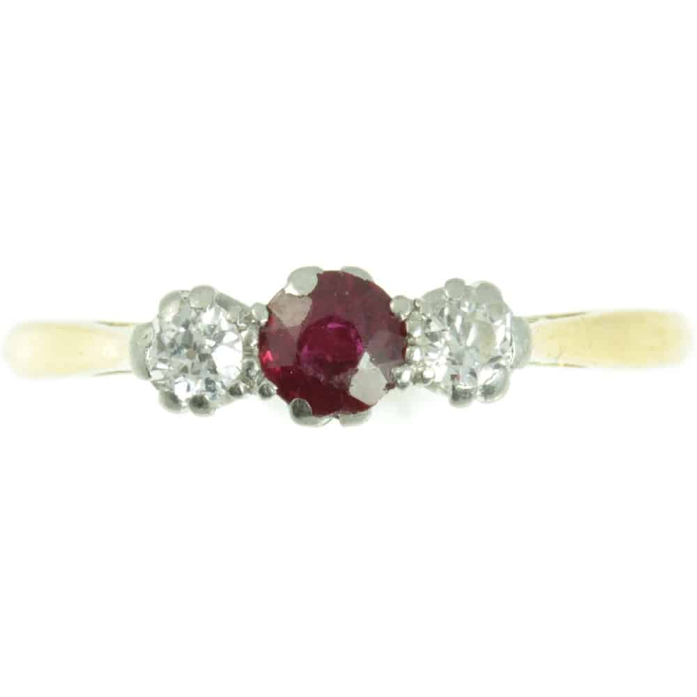 Close up of Art Deco ruby and diamond ring
