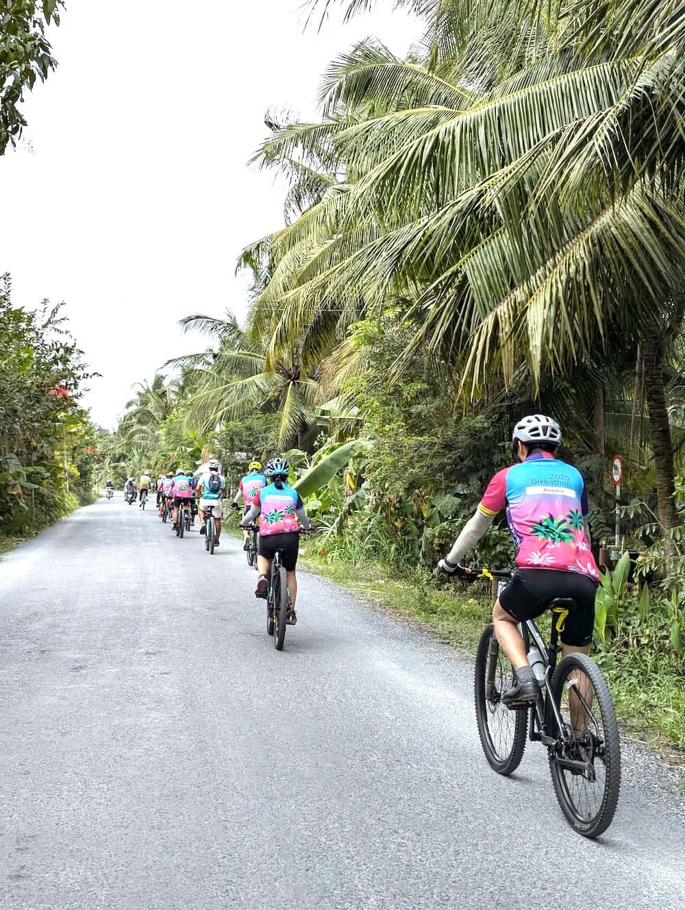 Group of cyclists riding through green countryside and traditional villages in the Mekong Delta, Southern Vietnam.