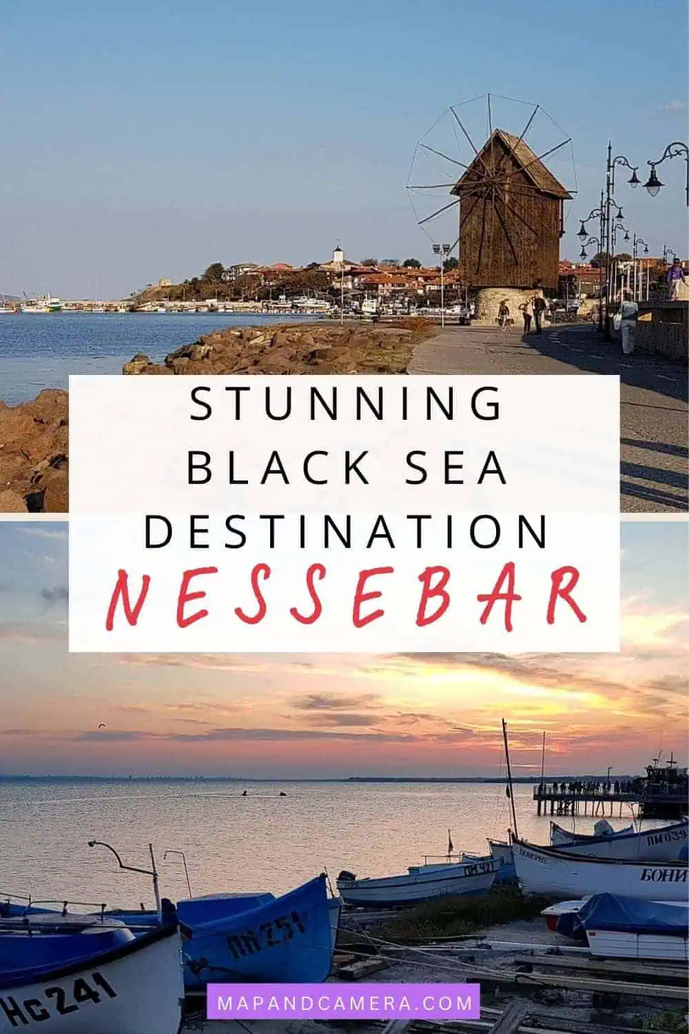 A scenic view of Nessebar, Bulgaria, featuring the iconic wooden windmill, a historic coastal walkway, and a sunset over the Black Sea with fishing boats. The pin text reads: "STUNNING BLACK SEA DESTINATION NESSEBAR." Discover this breathtaking European beach destination.