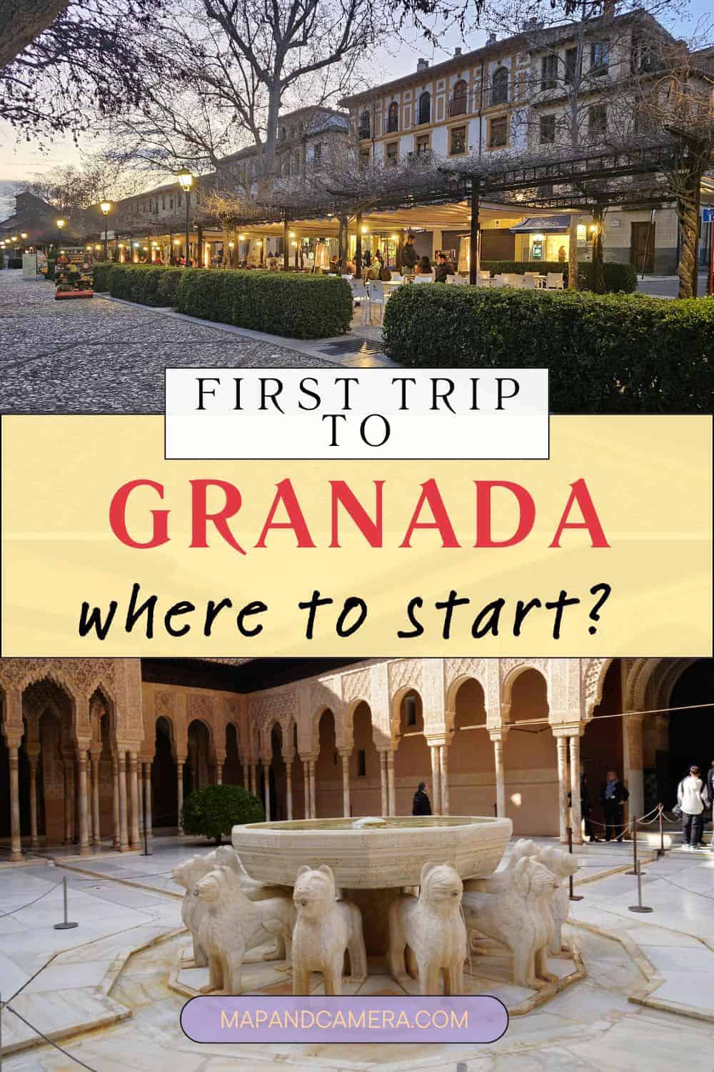 Evening view of Plaza Nueva’s lively terrace cafes and the famous Lion Fountain in the Nasrid Palace at the Alhambra—perfect for your first trip to Granada. A must-see in any Granada Spain itinerary and one of the best things to do in Granada.