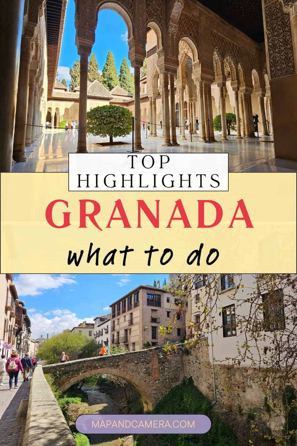 Elegant Moorish arches in the Nasrid Palace and a scenic walk along the Darro River near Paseo de los Tristes, two of the top highlights of Granada Spain. Ideal spots for your Granada travel bucket list and a great start to exploring what to do in Granada.