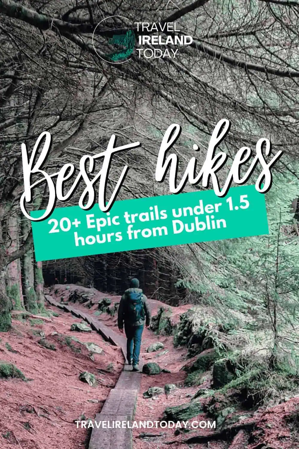 a hiker walking along a narrow wooden boardwalk through a dense forest. The text reads, "Best hikes - 20+ Epic trails under 1.5 hours from Dublin" with the Travel Ireland Today logo at the top. The text overlays the forest scene, inviting readers to explore hiking trails near Dublin. At the bottom, the website "TRAVELIRELANDTODAY.COM" is displayed.