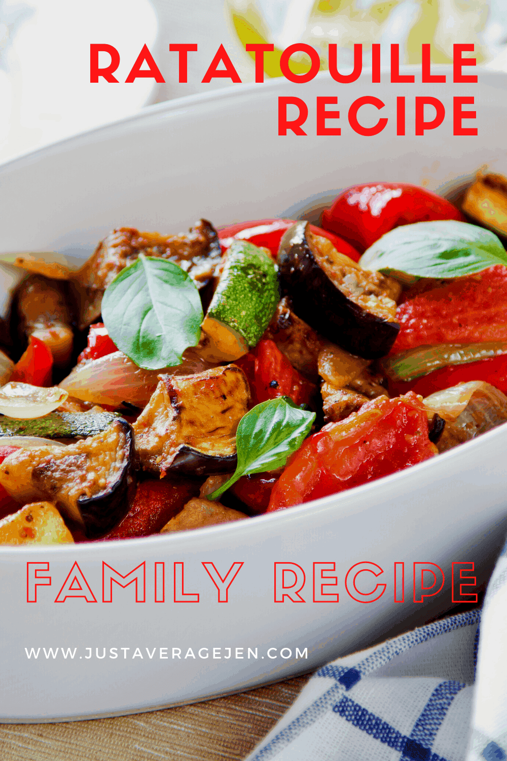 Pinterest pin of ratatouille dish in white bowl