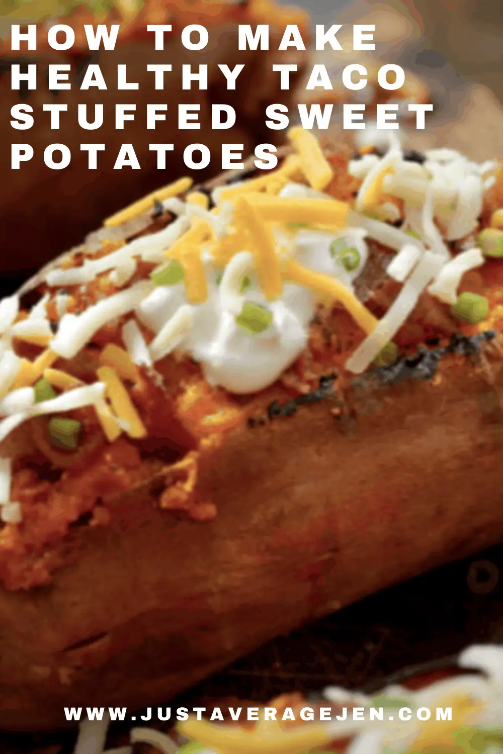 Pinterest pin closeup of stuffed sweet potatoes