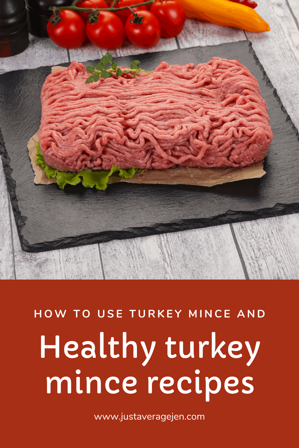 Pinterest pin of turkey mince on black surface on grey wooden surface