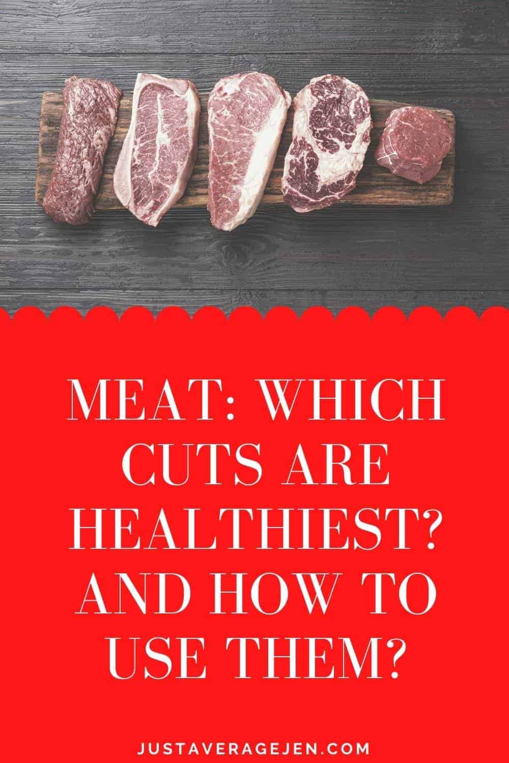 Pinterest pin of different cuts of meat on black background