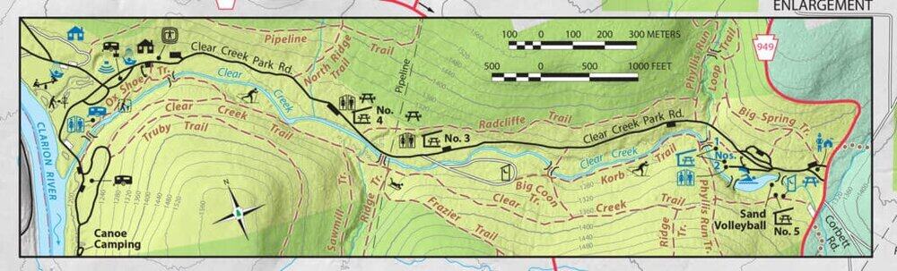 clear creek state park trail map snippet