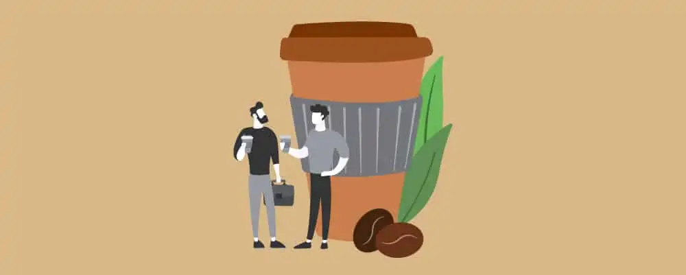 Two men Talking beside a giant cup of coffee