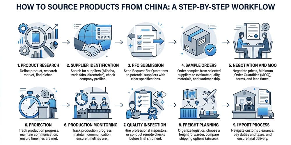 step-by-step China product sourcing workflow diagram