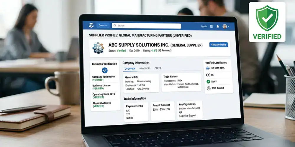 Verified supplier badge on Alibaba supplier profile with business verification details