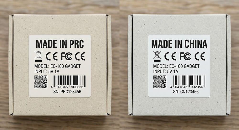 made in PRC vs made in China comparison product label