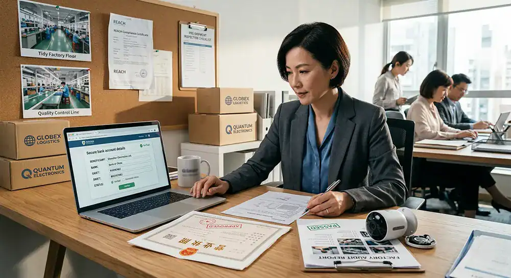 Importer reviewing documents to verify a Chinese manufacturer before sending payment