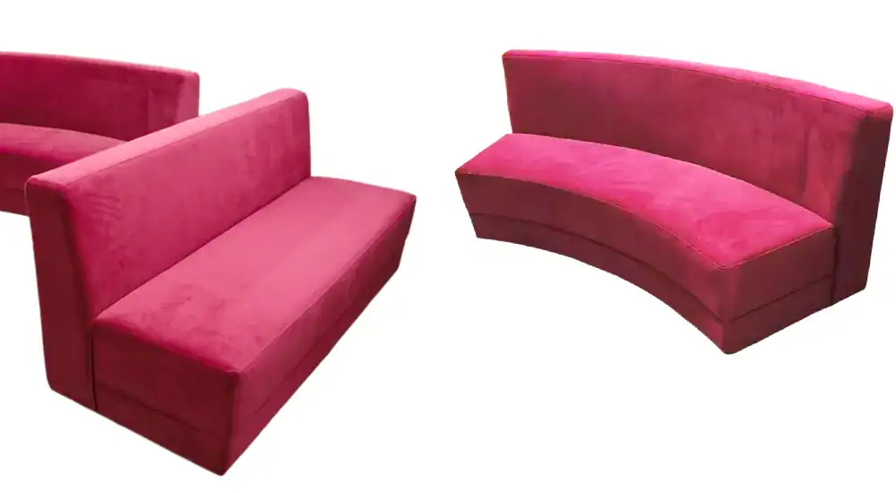 Custom modular straight and radial curved crimson velvet banquette seating for commercial retail fit-out and contract furniture manufacturing.