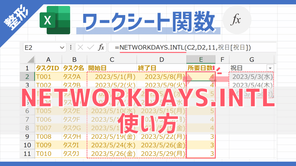 【関数】土日以外が定休日でも開始日から終了日までの「日数」を計算できる「NETWORKDAYS.INTL」の使い方