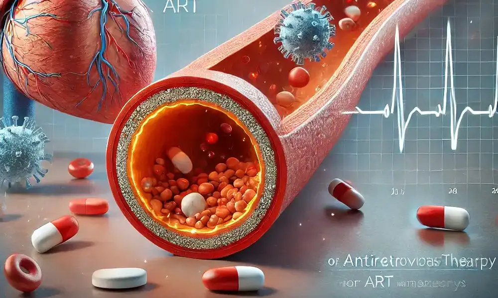 a imagem ilustrando a relação entre a infecção pelo HIV e os riscos cardiovasculares, especialmente o acúmulo de placas nas artérias, associado ao uso da terapia antirretroviral (TARV